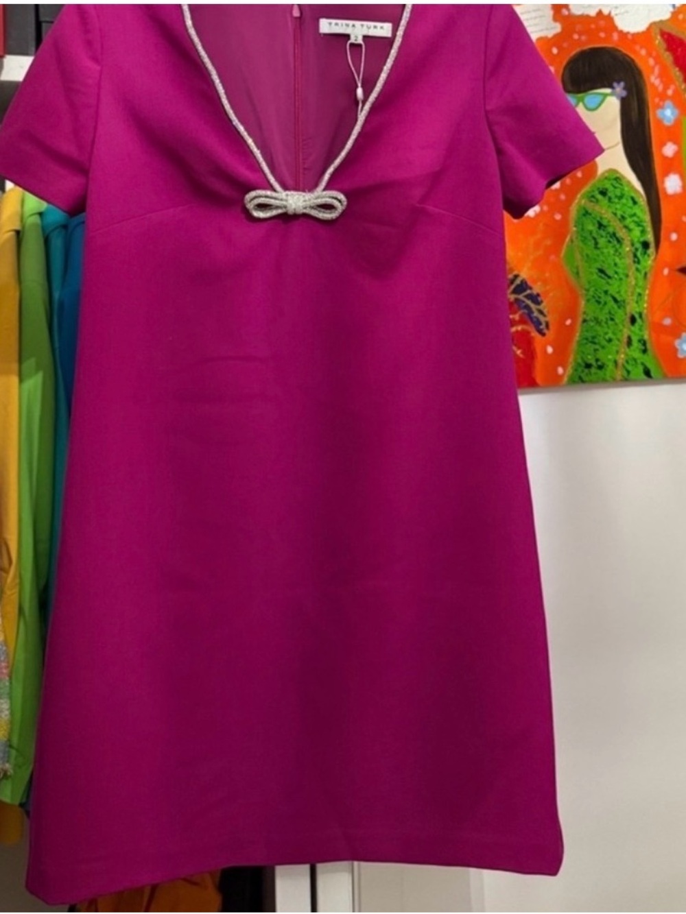 Trina Turk Fuchsia Short-Sleeve A-Line Dress with Silver Bow Detail